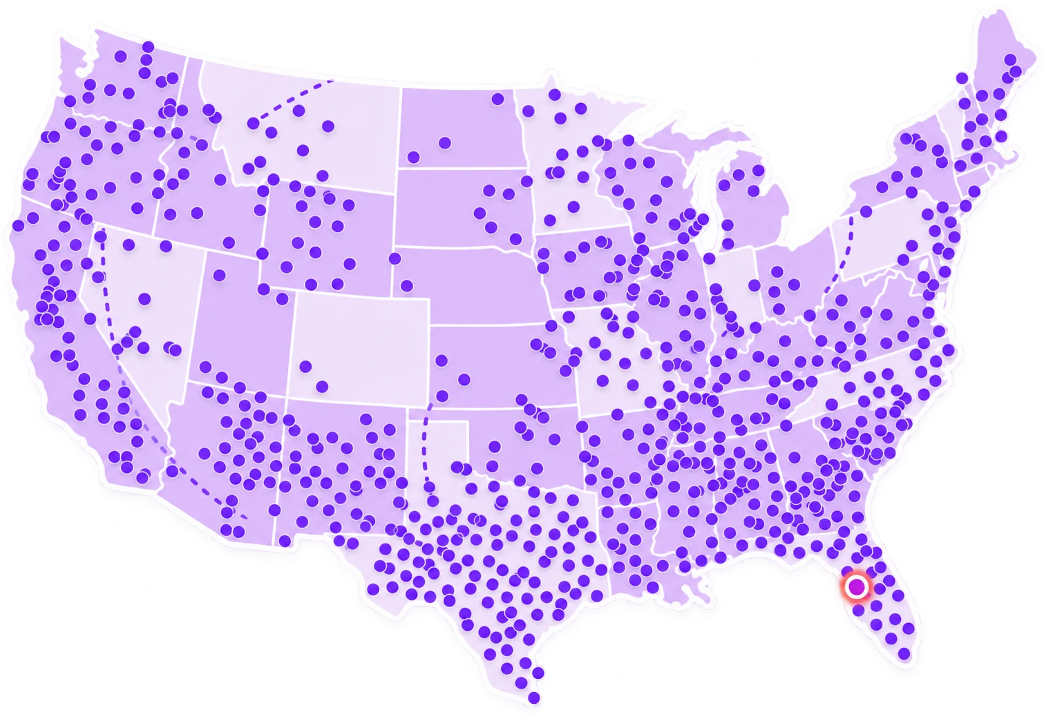Illustrated United States map with Clearwater highlighted in Florida